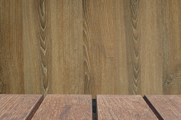 Empty wood plank table top with brown brick background with copy space can use for design, Spring and Summer concept.