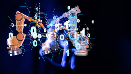 Industry 4.0 concept -  Robot arm in smart factory background.