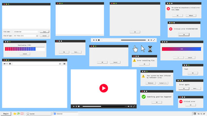 Modern material design user interface windows. Web browser, video and audio player, error message and system dialog box