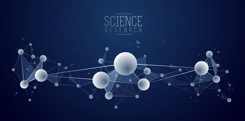 Molecules vector abstract background, 3D dimensional science chemistry and physics theme design element, atoms and particles micro nano scientific illustration.