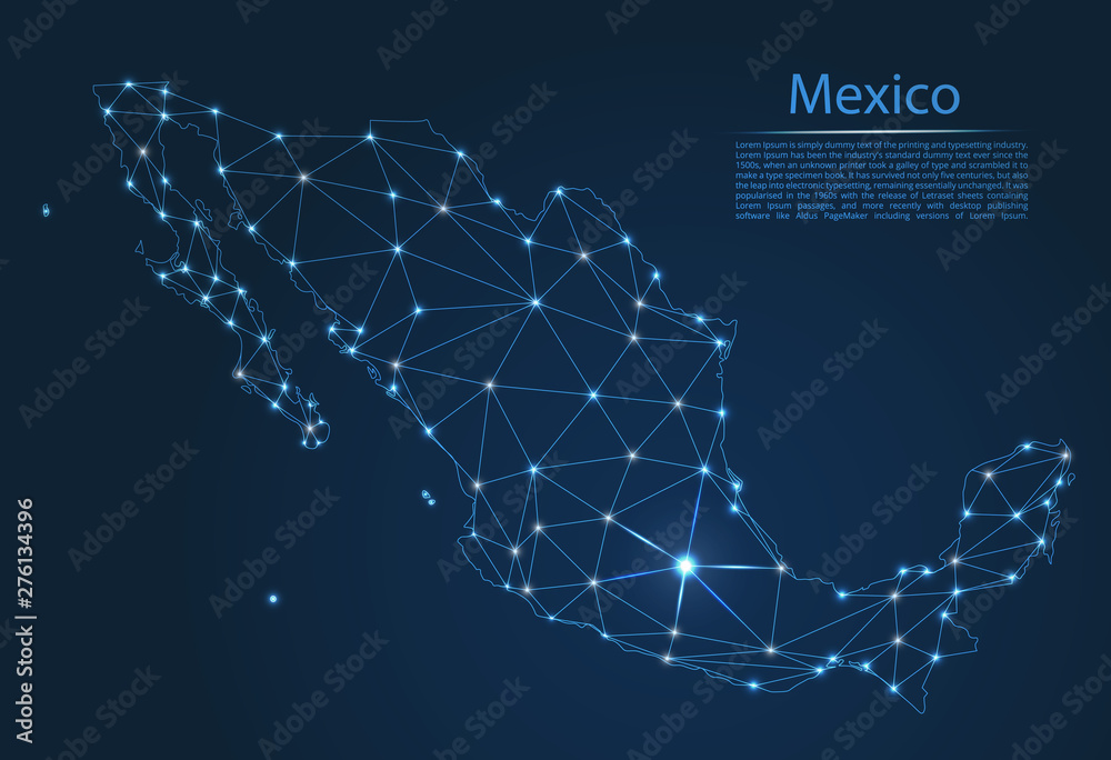 Poster map of mexico connection. vector low-poly image of a global map with lights in the form of cities or