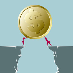 Two businessmen hold up dollar coins. Isolated on blue background.