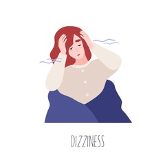 Portrait of cute young woman feeling dizziness. Unhappy girl experiencing vertigo. Lady suffering from symptom of common cold, viral infectious disease. Flat cartoon colorful vector illustration.