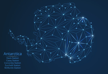 Grid map of Antarctica with the effect of a light spot. Wire frame triangular mesh in vector format with the image of research stations