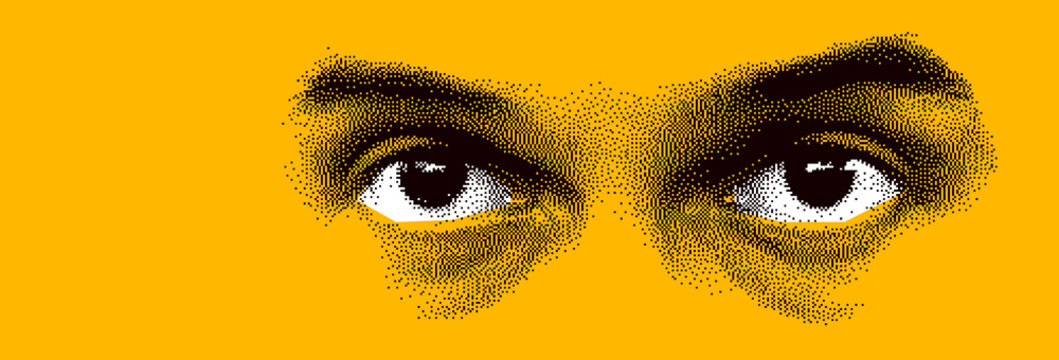 Looking eyes 8 bit dotted design style vector abstraction, human face stylized design element, black and yellow colors.