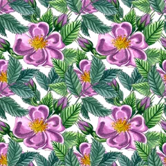 Selbstklebende Fototapeten Floral seamless pattern with pink wild rose, rose hip, dog rose, green leaves, hand drawn watercolor pattern. © BarvArt