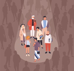 Men and women spotlighted or illuminated by beam of light against crowd of people on background. Concept of focus group, target audience, demography research. Flat cartoon vector illustration. - obrazy, fototapety, plakaty