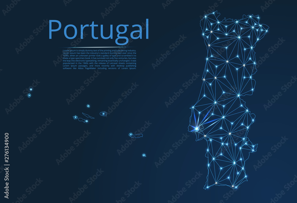 Poster map of portugal connection. vector low-poly image of a global map with lights in the form of cities 