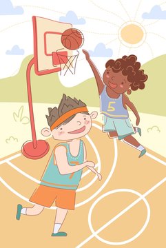 Two young multiethnic boys playing basketball with