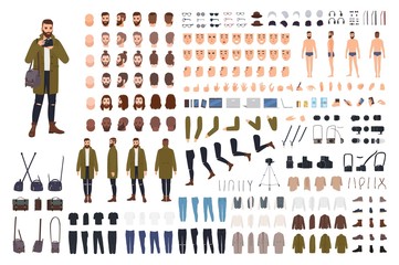 Man photographer or photo journalist creation kit or animation set. Bundle of body parts, clothes, accessories. Male cartoon character. Front, side, back views. Flat colorful vector illustration.