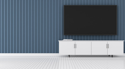View of living room in minimal style with television and white cabinet on blue wall and laminate floor. 3d rendering.	