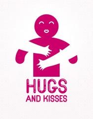 Hugs and kisses with loving hands of loved person and kissing lips, lover woman hugging his man and shares love, vector icon logo or illustration in simplistic symbolic style.