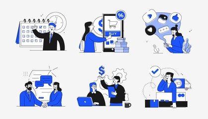 Collection of scenes at office. Bundle of men and women taking part in business meeting, negotiation, brainstorming, talking to each other. Outline vector illustration in cartoon style.