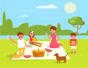 Family picnic Vector. Cartoon. Isolated art. Flat