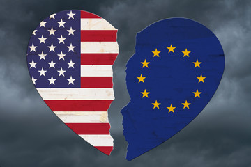 American and EU flags in a broken heart