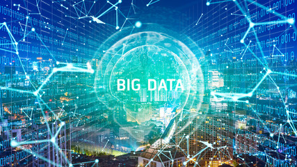 Big data and 5G network digital hologram and internet of things on city background.5G network wireless systems.