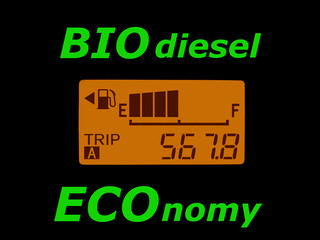 Fuel economy: fuel gauge and odometer showing a minimal fuel consumption. Biodiesel ecology and economy concept.