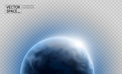 Vector planet Earth with sunrise in space isolated on transparent background. Blue globe illustration. Sciense astronomy design element