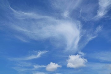 Clear blue sky with white clouds in summer time. Nature background concept.