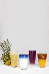 quench the summer thirst with the help of rich, colorful refreshing summer drinks with fruits, vegetables, coffee, milk plant, which photographed on a white background