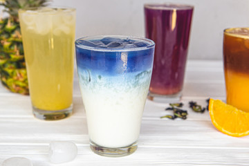 quench the summer thirst with the help of rich, colorful refreshing cocktails with fruits, vegetables, coffee, milk plant, which photographed on a white background