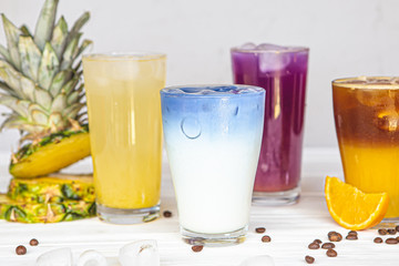 quench the summer thirst with the help of rich, colorful refreshing cocktails with fruits, vegetables, coffee, milk plant, which photographed on a white background