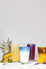 quench the summer thirst with the help of rich, colorful refreshing cocktails with fruits, vegetables, coffee, milk plant, which photographed on a white background