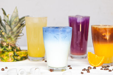 quench the summer thirst with the help of rich, colorful refreshing cocktails with fruits, vegetables, coffee, milk plant, which photographed on a white background