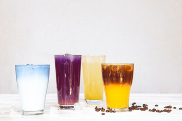 quench the summer thirst with the help of rich, colorful refreshing cocktails with fruits, vegetables, coffee, milk plant, which photographed on a white background