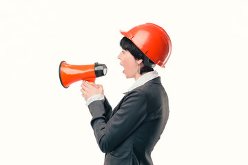 Fototapeta premium female architect with a megaphone.isolated on light