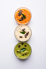 Tricolour or Tiranga Chutney served in bowls, south Indian recipe
