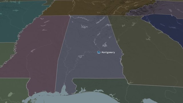 Alabama - state of the United States zoomed on the administrative map of the globe. Animation 3D