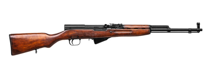 Vintage carabiner with a wooden butt. Semi-automatic hunting rifle with a rifled barrel and a...
