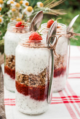 A glass jar with a dessert of strawberries, yogurt with Chia and granola on a picnic in a rustic style.