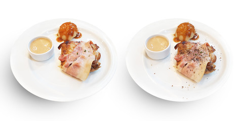 black peper chicken bacon stake with mash potato isolated on white backgroud with clipping path