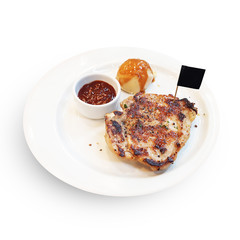 black peper grill pork stake mash potato with mini flag isolated on white backgroud with clipping path