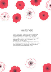 Vector summer illustration with flowers of poppies with place for text on white background. For greeting card, holiday invitation to the feast, scrapbooking and cover, web and advertising banner.