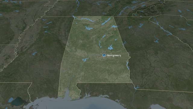 Alabama - state of the United States zoomed on the satellite map of the globe. Animation 3D
