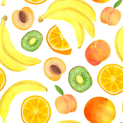 Watercolor tropical fruits seamless pattern. Hand drawn banana, kiwi slice, peach, orange isolated on white background for food package design, textile, print, cover, wrapping, cards