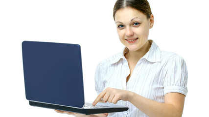 young woman dealer shows an open laptop.