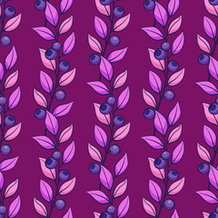 Fototapeta na wymiar Floral seamless pattern. Vector vertical branches with blueberries on purple background. Design for fabrics, wallpapers, textiles, web design.