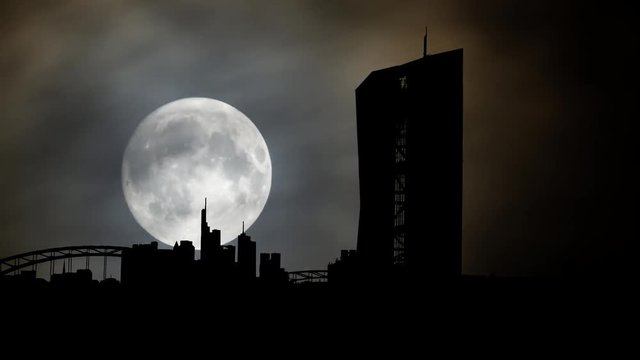 Frankfurt: Skyline of European Central Bank (ECB) and Skyscrapers by Night with Full Moon, Germany