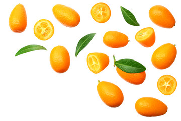 Cumquat or kumquat with leaves isolated on white background. top view