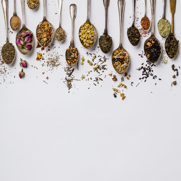 Assortment Of Dry Tea In Vintage Spoons