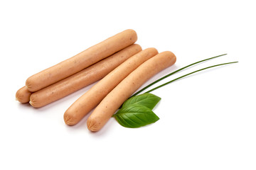 Fresh boiled chicken sausages, for grill, close-up, isolated on white background