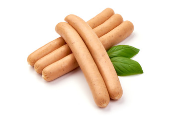 Fresh chicken hot dog sausages, for barbeque or grill, close-up, isolated on white background