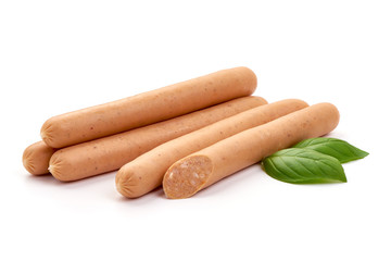 Fresh boiled chicken sausages, for grill, close-up, isolated on white background