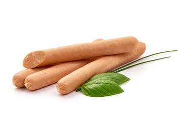 Fresh chicken hot dog sausages, for barbeque or grill, close-up, isolated on white background