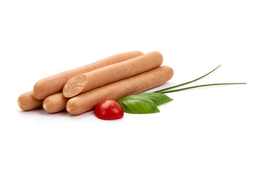 Fresh chicken hot dog sausages, for barbeque or grill, close-up, isolated on white background