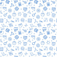 Seamless pattern with School blue linear icons - back to school vector outline concept background